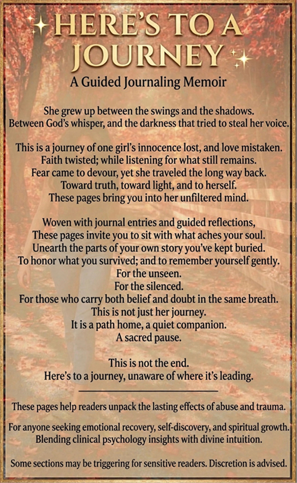 Back cover of Here’s to a Journey: a memoir woven with journal entries and guided reflections on emotional recovery, self-discovery, and spiritual growth. Reader discretion is advised for sensitive content.