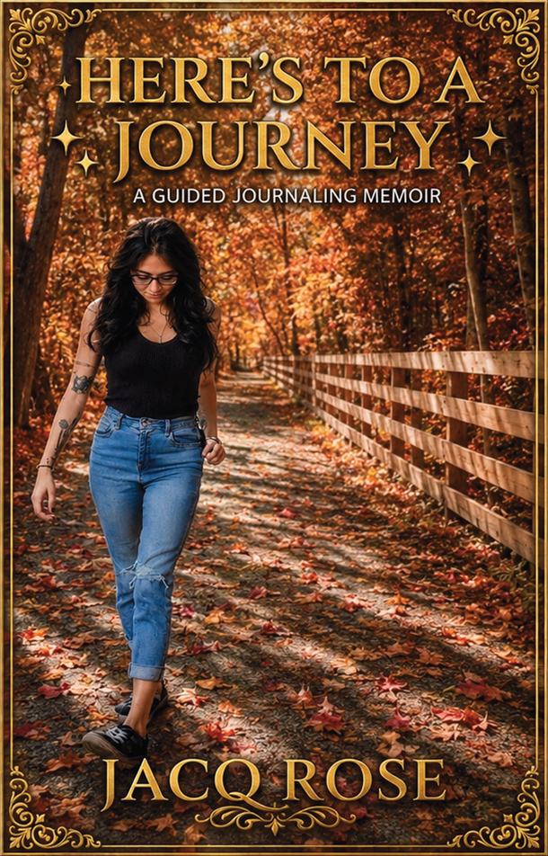 Front cover of Here’s to a Journey by Jacq Rose, showing the author on an autumn woodland path framed in gold.